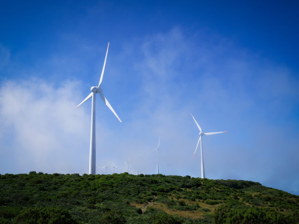 A shot of wind turbines on the mountains