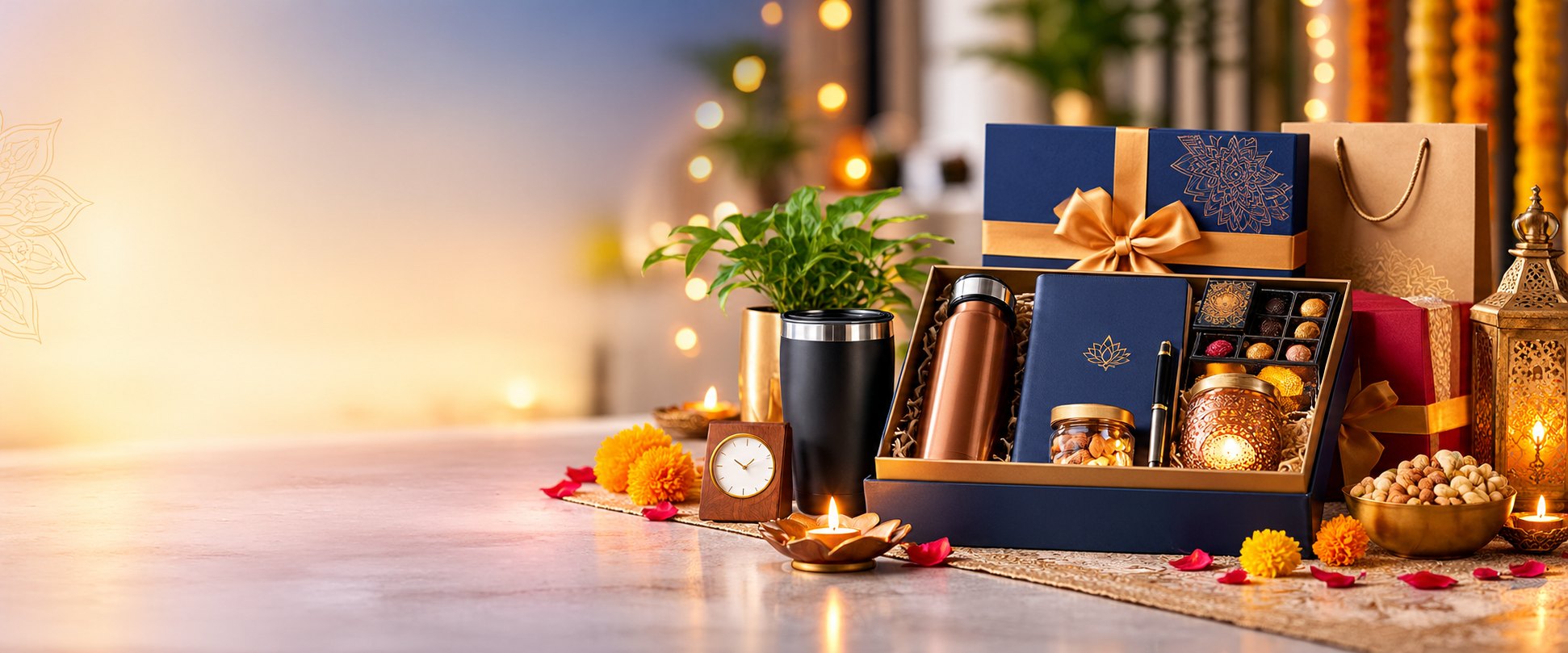 Diwali gift hamper with diyas and marigolds